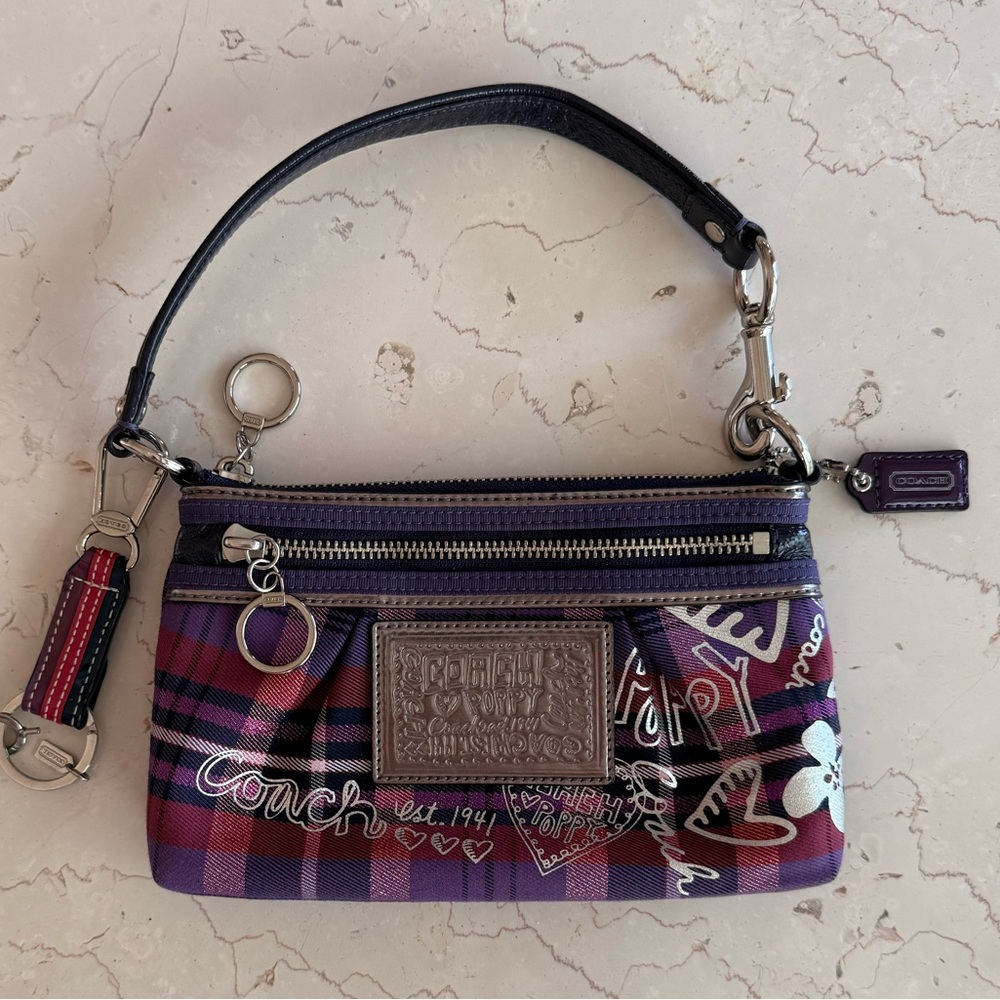 Coach Purple Plaid Graphic Signature Wristlet